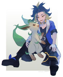 Rule 34 | 1boy, adaman (pokemon), arm wrap, black footwear, blue coat, blue hair, border, brown eyes, coat, collar, collarbone, commentary request, creatures (company), earrings, eyebrow cut, game freak, gen 4 pokemon, green hair, highres, jewelry, kikuyoshi (tracco), leafeon, male focus, multicolored hair, neck ring, nintendo, open mouth, outside border, pokemon, pokemon (creature), pokemon legends: arceus, shoes, signature, sitting, smile, white border