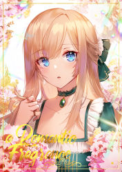 Rule 34 | 1girl, apple caramel, blue eyes, blush, bow, brooch, brown hair, choker, collarbone, commentary request, crystal earrings, dress, earrings, english text, flower, green choker, green dress, hair bow, hand up, highres, jewelry, long hair, looking at viewer, original, parted lips, pink flower, puffy short sleeves, puffy sleeves, short sleeves, solo, sparkle, striped, upper body, vertical stripes