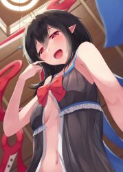 Rule 34 | 1girl, :d, adapted costume, ahoge, babydoll, bare arms, bare shoulders, black hair, blurry, blush, bow, breasts, ceiling light, commentary request, depth of field, foreshortening, from below, hair between eyes, heart, heart-shaped pupils, houjuu nue, igayan, indoors, lingerie, long hair, looking down, medium breasts, navel, open mouth, pointy ears, raised eyebrows, red bow, red eyes, scratching cheek, smile, solo, stomach, symbol-shaped pupils, touhou, ufo, underboob, underwear, upper body, wooden ceiling