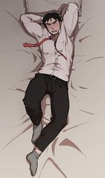 Rule 34 | 1boy, absurdres, bed, black hair, blush, bulge, crotch, full body, highres, looking at viewer, lying, male focus, mocchi (bocmocmoc), muscular, necktie, original, pillow, socks, solo