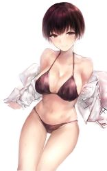 Rule 34 | 1girl, arm support, bikini, bikini skirt, blouse, blunt bangs, breasts, brown hair, cleavage, hair between eyes, highres, hometa, large breasts, looking at viewer, navel, open clothes, open shirt, original, painterly, painting (medium), purple bikini, shirt, short hair, simple background, skindentation, smile, solo, stomach, swimsuit, swimsuit under clothes, traditional media, watercolor (medium), wet, white background, white shirt