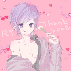 Rule 34 | 10s, 1boy, bags under eyes, cake, cherry dot, collarbone, diabolik lovers, food, fork, heart, hickey, highres, licking lips, looking at viewer, loose clothes, male focus, pink background, purple eyes, purple hair, sakamaki kanato, simple background, solo, sweater, sweets, tongue, tongue out, unbuttoned, upper body