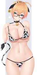 Rule 34 | 1girl, :d, absurdres, ahoge, animal ears, animal print, areola slip, arm under breasts, artist name, bare arms, bare shoulders, bell, bikini, black-framed eyewear, blonde hair, blush, breasts, bright pupils, buckle, chinese zodiac, collar, collarbone, cow ears, cow horns, cow print, cow tail, cowbell, cowboy shot, dated, fake animal ears, fake horns, fake tail, glasses, gluteal fold, green eyes, grin, hairband, head tilt, highres, horns, large breasts, looking at viewer, narrow waist, navel, open mouth, original, print bikini, short hair, skindentation, smile, solo, stomach, strap lift, swimsuit, tail, teeth, thigh gap, two-tone background, two-tone hairband, year of the ox, z.taiga
