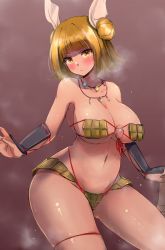Rule 34 | 1girl, :/, adapted costume, bikini, blonde hair, blunt bangs, blush, breasts, cleavage, closed mouth, commentary request, double bun, efukei, expressionless, gradient background, hair bun, haniwa (statue), highres, jewelry, joutouguu mayumi, large breasts, looking at viewer, magatama, magatama necklace, navel, necklace, purple background, short hair, simple background, solo, steam, sweat, swimsuit, touhou, vambraces, yellow eyes