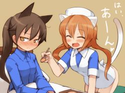 Rule 34 | 2girls, :3, angela salas larrazabal, animal ears, blush, brown hair, cat ears, cat tail, closed eyes, feeding, food, long hair, multiple girls, null (nyanpyoun), open mouth, orange hair, patricia schade, smile, strike witches, tail, translated, world witches series, yellow eyes
