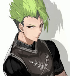 Rule 34 | 1boy, achilles (fate), alchemaniac, armor, fate/apocrypha, fate (series), green hair, highres, male focus, manly, shadow, simple background, solo, upper body, white background, yellow eyes