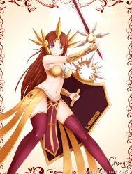 Rule 34 | 1girl, absurdres, armor, bikini armor, blue eyes, breasts, brown hair, character name, cheng, cleavage, ear protection, forehead protector, highres, league of legends, leona (league of legends), long hair, navel, shield, signature, solo, sword, thighhighs, weapon