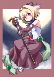 Rule 34 | 1girl, bare shoulders, blonde hair, cane, concealed weapon, elbow gloves, gloves, hair ornament, jewelry, kugelschreiber, necklace, pati threepiece, red eyes, short hair, smile, solo, sword, sword cane, symbol-shaped pupils, weapon, yumekui merry
