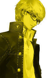 Rule 34 | 1boy, blazpu, collared shirt, high collar, highres, jacket, looking at viewer, male focus, monochrome, narukami yuu, open clothes, open jacket, parted lips, persona, persona 4, school uniform, shirt, simple background, solo, upper body, yasogami school uniform, yellow theme