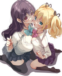 age_difference aqua_eyes asymmetrical_docking black_thighhighs blonde_hair bow bowtie breast_press breasts chorimokki dress_shirt from_above full_body incest kneehighs large_breasts long_hair looking_at_viewer miniskirt original petite pleated_skirt purple_eyes purple_hair school_uniform shirt siblings sisters sitting skirt small_breasts socks thighhighs twintails wariza yuri zettai_ryouiki