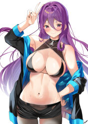 Rule 34 | 1girl, absurdres, bare shoulders, bikini, black nails, black pantyhose, blush, breasts, highres, jacket, jacket partially removed, large breasts, lolipop (nmaf4445), long hair, looking at viewer, navel, off shoulder, original, pantyhose, purple eyes, purple hair, short shorts, shorts, simple background, smile, solo, stomach, swimsuit, thighs, v, white background
