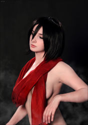 Rule 34 | 1girl, black hair, breasts, closed mouth, convenient censoring, cosplay, highres, key taylor, medium breasts, mikasa ackerman, mikasa ackerman (cosplay), naked scarf, nude, photo (medium), real life, red theme, scarf, scarf over breasts, shingeki no kyojin, short hair, solo