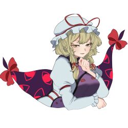 Rule 34 | 1girl, absurdres, blonde hair, breasts, dress, frilled sleeves, frills, gap (touhou), hair ribbon, hat, highres, long sleeves, looking at viewer, medium breasts, medium hair, messy hair, mesuosushi, mob cap, open mouth, puffy sleeves, purple tabard, red ribbon, ribbon, ribbon-trimmed headwear, ribbon trim, simple background, solo, tabard, touhou, upper body, white background, white dress, white hat, yakumo yukari, yellow eyes