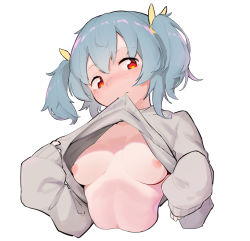 Rule 34 | 1girl, 2021, blue hair, blush, breasts, closed mouth, clothes in mouth, clothes lift, cropped torso, grey sweater, lifting own clothes, long sleeves, looking at viewer, medium breasts, medium hair, nijiko uro, nipples, no bra, original, presenting, red eyes, sleeves past wrists, solo, sweater, sweater lift, twintails, upper body, white background