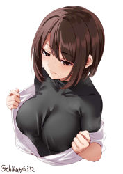 Rule 34 | 1girl, black bodysuit, blush, bodysuit, breasts, brown eyes, brown hair, closed mouth, ebifurya, highres, kantai collection, large breasts, short hair, simple background, solo, sweat, twintails, twitter username, upper body, white background
