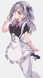 Rule 34 | 1girl, absurdres, alternate costume, apron, black footwear, buttons, closed mouth, enmaided, grey background, grey eyes, grey hair, hair between eyes, highres, kantai collection, long hair, maid, maid apron, one side up, pantyhose, puffy short sleeves, puffy sleeves, shoes, short sleeves, simple background, solo, suzutsuki (kancolle), uut, white apron, white pantyhose