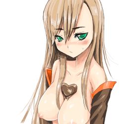 Rule 34 | 00s, 1girl, akinonasi, between breasts, blush, breasts, brown hair, candy, chocolate, chocolate heart, detached sleeves, food, green eyes, heart, large breasts, long hair, nipples, solo, tales of (series), tales of the abyss, tear grants, valentine, white background