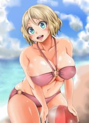Rule 34 | 1girl, adahcm, alternate color, ball, beach, beachball, bikini, blonde hair, blue eyes, breasts, cleavage, cloud, collarbone, creatures (company), day, game freak, highres, large breasts, leaning forward, looking at viewer, navel, nintendo, o-ring, open mouth, pink bikini, pokemon, pokemon (anime), pokemon xy, serena (pokemon), shiny skin, short hair, skindentation, sky, smile, solo, standing, swimsuit, teeth, thick thighs, thighs