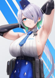 Rule 34 | 1girl, ammunition pouch, armpits, arms behind head, black gloves, blue eyes, blue hat, blue necktie, breasts, brid (nikke), colored inner hair, commentary request, covered navel, earrings, elbow gloves, garrison cap, gloves, goddess of victory: nikke, green hair, grey hair, hair over one eye, hat, highres, jewelry, large breasts, long hair, looking at viewer, mole, mole on breast, multicolored hair, necktie, parted lips, pouch, solo, striped necktie, two-tone hair, yamaneko (tkdrumsco)