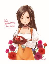 Rule 34 | 1girl, bodysuit, breasts, brown eyes, brown hair, choker, closed mouth, final fantasy, final fantasy ix, flower, garnet til alexandros xvii, gloves, jewelry, long hair, looking at viewer, low-tied long hair, ma-hain-scarlet, necklace, orange bodysuit, simple background, smile, solo, white background