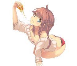 Rule 34 | 1girl, blue eyes, blush, braid, breasts, brown hair, butt crack, cleavage, downblouse, eating, food, half updo, holding, long hair, original, pizza, pizza slice, short shorts, shorts, simple background, small breasts, solo, sweater, white background, yoo (tabi no shiori)