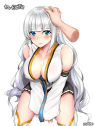 Rule 34 | 00s, 1girl, bare shoulders, black skirt, blue eyes, blunt bangs, blush, breasts, cleavage, closed mouth, collarbone, covered erect nipples, detached sleeves, dungeon and fighter, female gunner (dungeon and fighter), headpat, kneehighs, large breasts, long hair, long sleeves, looking at viewer, shaojiang, silver hair, sitting, skirt, smile, socks, solo, v arms, wariza, wavy hair, white socks