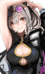 Rule 34 | 1girl, absurdres, arknights, armpits, arms up, black hair, breasts, brown eyes, china dress, chinese clothes, cleavage, cleavage cutout, clothing cutout, dress, eyewear on head, fang, feater (arknights), grey hair, highres, maria (syake-uni), multicolored hair, smile, solo, streaked hair, sunglasses, white background