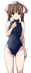 Rule 34 | 1girl, blue one-piece swimsuit, breast conscious, brown eyes, brown hair, flat chest, front zipper swimsuit, hair ribbon, hand on own chest, hat, himekaidou hatate, kamukamu (ars), long hair, looking at viewer, meme attire, one-piece swimsuit, ribbon, solo, swimsuit, tokin hat, touhou, twintails