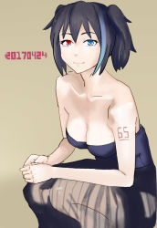 Rule 34 | 1girl, alternate costume, bare arms, bare shoulders, black hair, black skirt, black tube top, blue eyes, blue hair, breasts, cleavage, closed mouth, collarbone, female focus, heterochromia, legs, long skirt, looking at viewer, medium breasts, multicolored hair, neck, red eyes, see-through, short hair, simple background, skirt, smile, solo, squatting, strapless, tattoo, tube top, twintails, two-tone hair, utau, yokune ruko