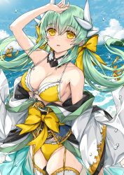 Rule 34 | 1girl, arm up, armpits, bare shoulders, bikini, blush, breasts, cleavage, detached collar, dragon girl, dragon horns, fate/grand order, fate (series), garter straps, green hair, highres, horns, japanese clothes, kiyohime (fate), large breasts, long hair, long sleeves, looking at viewer, morizono shiki, off shoulder, outdoors, parted lips, smile, solo, swimsuit, thighhighs, thighs, water, white thighhighs, yellow bikini, yellow eyes