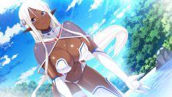 1girl blush breasts capelet cleavage cloud covered_erect_nipples dark-skinned_female dark_elf dark_skin day elbow_gloves elf ellelecia forest game_cg gloves large_breasts leaning_forward long_hair ma-ko_hunter munashi_mujou nature navel pointy_ears purple_eyes rock see-through sky solo thighhighs water white_gloves white_hair white_thighhighs