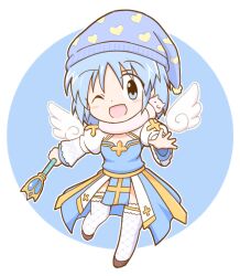 Rule 34 | 1girl, :d, angel wings, arch bishop (ragnarok online), blue dress, blue eyes, blue hair, blue hat, blush, breasts, brown footwear, cat scarf, chibi, cleavage cutout, clothing cutout, commentary request, cross, detached wings, dress, fishnet thighhighs, fishnets, frilled thighhighs, frills, full body, hair between eyes, hat, heart, heart print, holding, holding staff, juliet sleeves, long sleeves, looking at viewer, medium bangs, nightcap, oekakomi, one eye closed, open mouth, pelvic curtain, puffy sleeves, ragnarok online, reaching, reaching towards viewer, sash, scarf, shoes, short hair, small breasts, smile, solo, staff, thighhighs, two-tone dress, white background, white dress, white scarf, white thighhighs, white wings, wings, yellow sash