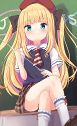 Rule 34 | 1girl, :3, baram, beret, black bow, blonde hair, blush, bow, brown skirt, closed mouth, collared shirt, commentary request, diagonal-striped clothes, diagonal-striped neckwear, feet out of frame, frilled socks, frills, green eyes, hair bow, hat, highres, mononobe alice, mononobe alice (3rd costume), multicolored hair, nijisanji, plaid, plaid skirt, pleated skirt, purple hair, red hat, shirt, short sleeves, skirt, smile, socks, solo, striped clothes, striped neckwear, sweater vest, two-tone hair, two side up, virtual youtuber, white shirt, white socks