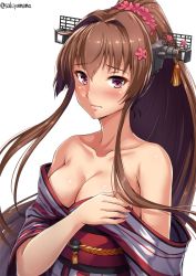 Rule 34 | 10s, 1girl, alternate costume, bare shoulders, blush, breasts, brown hair, cleavage, closed mouth, collarbone, commentary request, covering breasts, covering privates, embarrassed, eyebrows, female focus, fingernails, flower, hair between eyes, hair flower, hair intakes, hair ornament, hand on own chest, headgear, japanese clothes, kantai collection, kimono, large breasts, long hair, looking at viewer, nail polish, neck, obi, off shoulder, open clothes, open kimono, petals, pink eyes, pink nails, ponytail, red kimono, red nails, sakiyamama, sash, shiny skin, shy, simple background, solo, striped clothes, striped kimono, twitter username, upper body, very long hair, white background, wide sleeves, yamato (kancolle), yukata