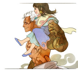Rule 34 | 1boy, 1girl, age difference, asura, asura&#039;s wrath, asura (asura&#039;s wrath), blush stickers, brown eyes, capcom, carrying, carrying over shoulder, dress, father and daughter, happy, jewelry, long hair, luke mancini, mithra (asura&#039;s wrath), necklace, sandara, topless male, smile, spiked hair, white hair