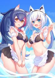 Rule 34 | 2girls, absurdres, anichika, animal ear fluff, animal ears, apron, arm garter, bikini, black bikini, black hair, black skirt, blue eyes, blue sky, breasts, brown eyes, commentary request, day, fox ears, fox girl, fox tail, frilled bikini, frills, hair between eyes, highres, hololive, long hair, looking at viewer, maid, maid bikini, medium breasts, multicolored hair, multiple girls, navel, ookami mio, open mouth, outdoors, ponytail, red hair, shirakami fubuki, skirt, sky, stomach, streaked hair, swimsuit, tail, twintails, unconventional maid, v, v arms, virtual youtuber, wading, waist apron, water, white apron, wolf ears, wolf girl, wolf tail