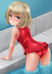 Rule 34 | 10s, 1girl, arm support, artist name, ass, bad id, bad twitter id, blonde hair, blue eyes, blush, frilled swimsuit, frills, girls und panzer, haruhata mutsuki, katyusha (girls und panzer), leaning forward, looking at viewer, looking back, one-piece swimsuit, pool, red one-piece swimsuit, short hair, signature, solo, standing, swimsuit, twitter username, wet