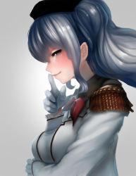 Rule 34 | 1girl, arm across waist, beret, black hat, blush, breasts, closed mouth, epaulettes, finger to mouth, frilled sleeves, frills, from side, gloves, gradient background, grey eyes, grey shirt, half-closed eyes, hat, head tilt, highres, index finger raised, jacket, kantai collection, kashima (kancolle), large breasts, long hair, long sleeves, looking at viewer, military, military jacket, military uniform, neckerchief, profile, red neckerchief, shirt, shushing, sidelocks, silver hair, simple background, smile, solo, tsurime, twintails, uniform, wavy hair, white gloves, white jacket, yamashita tomu