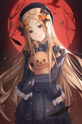 Rule 34 | 1girl, abigail williams (fate), absurdres, black bow, black dress, black hat, blonde hair, blue eyes, blush, bow, breasts, dress, fate/grand order, fate (series), forehead, full moon, hair bow, hat, highres, hwa n01, long hair, long sleeves, looking at viewer, moon, multiple hair bows, night, night sky, orange bow, parted bangs, polka dot, polka dot bow, red moon, ribbed dress, sky, sleeves past fingers, sleeves past wrists, small breasts, smile, stuffed animal, stuffed toy, teddy bear