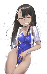 Rule 34 | 1girl, black hair, blue one-piece swimsuit, breasts, brown eyes, cleavage, collarbone, competition swimsuit, cowboy shot, dark skin, dark-skinned female, grin, hair ornament, hairclip, highres, ijiranaide nagatoro-san, kisa (leg3043), looking at viewer, medium breasts, nagatoro hayase, one-piece swimsuit, simple background, sitting, smile, solo, swimsuit, tan, white background