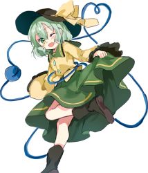 Rule 34 | 1girl, black footwear, black hat, blouse, blush, boots, buttons, collared shirt, commentary request, diamond button, eyeball, foot out of frame, frilled shirt collar, frilled sleeves, frills, green eyes, green skirt, hair between eyes, hat, hat ribbon, heart, heart of string, highres, komeiji koishi, light green hair, long skirt, long sleeves, medium hair, one eye closed, open mouth, paragasu (parags112), ribbon, shirt, sidelocks, simple background, skirt, skirt hold, smile, solo, standing, standing on one leg, third eye, touhou, wavy hair, white background, wide sleeves, yellow ribbon, yellow shirt