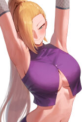 Rule 34 | 1girl, absurdres, armpits, arms up, blonde hair, blush, breasts, cleavage, crop top, fishnets, green eyes, hair ornament, hair over one eye, hairclip, highres, large breasts, long hair, midriff, naruto (series), naruto shippuuden, navel, ponytail, rororo, smile, solo, upper body, very long hair, yamanaka ino