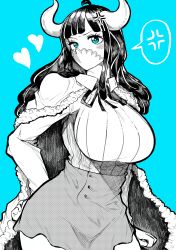 Rule 34 | 1girl, absurdres, ahoge, anger vein, blue background, blue eyes, blunt bangs, blush, breasts, cape, collared shirt, commentary, covered mouth, cowboy shot, curled horns, curvy, eyelashes, fur-trimmed cape, fur trim, greyscale with colored background, hand on own hip, heart, highres, horns, large breasts, long hair, looking at viewer, mask, miniskirt, mouth mask, multicolored hair, neck ribbon, one piece, ribbed shirt, ribbon, shirt, shirt tucked in, skirt, solo, spoken anger vein, spot color, standing, streaked hair, two-tone hair, ulti (one piece), wing collar, yotsumi shiro