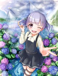 Rule 34 | belt, black dress, blouse, blue hair, buttons, collared shirt, dress, flower, grey eyes, highres, hydrangea, kantai collection, kuno nv, long sleeves, one eye closed, ooshio (kancolle), ooshio kai ni (kancolle), open mouth, outdoors, pinafore dress, rain, river, school uniform, shirt, short twintails, sleeveless, sleeveless dress, smile, solo, thigh strap, transparent, transparent umbrella, twintails, umbrella, water, water drop, white shirt