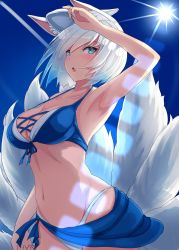Rule 34 | 1girl, :o, alternate costume, animal ears, arm up, armpits, azur lane, bikini, blue bikini, blue eyes, blue sarong, blue sky, blush, breasts, cleavage, day, fox ears, fox tail, front-tie top, groin, highleg, highleg bikini, kaga (azur lane), kaga (everlasting killing stone) (azur lane), large breasts, looking at viewer, mask, multiple tails, navel, opanchu (hakusen), open mouth, outdoors, sarong, short hair, sky, solo, stomach, sun, sunlight, swimsuit, tail, tsurime, white hair