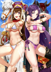 Rule 34 | 2girls, armlet, armor, armpits, beads, bikini, black gloves, blush, bracelet, breasts, brown hair, choker, cleavage, day, earrings, elbow gloves, eyepatch bikini, fate/grand order, fate (series), fingerless gloves, gloves, gold trim, greaves, hands up, hat, hip focus, hoop earrings, horse, jewelry, jilllxlxl, large breasts, leg up, legs, long hair, looking at viewer, low-tied long hair, minamoto no raikou (fate), minamoto no raikou (fate/grand order), minamoto no raikou (swimsuit lancer) (fate), multiple girls, navel, open mouth, outdoors, outstretched arm, parted bangs, parted lips, prayer beads, purple bikini, purple eyes, purple hair, revision, ring, sarong, side-tie bikini bottom, sideboob, single glove, smile, sunlight, swimsuit, thighs, underboob, very long hair, white bikini, xuangzang sanzang (fate), xuangzang sanzang (white cruising) (fate)