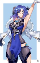 Rule 34 | 1girl, absurdres, arcedo, armpits, arms up, asymmetrical gloves, bare shoulders, black gloves, blue background, blue eyes, blue hair, border, breasts, catria (fire emblem), cleavage, commentary, cosplay, cowboy shot, elbow gloves, fire emblem, fire emblem: mystery of the emblem, fur-trimmed jacket, fur trim, genshin impact, gloves, grin, headband, highres, jacket, large breasts, looking at viewer, mismatched gloves, nintendo, short hair, sleeveless, smile, solo, standing, thighs, white border, white gloves, white jacket, yelan (genshin impact), yelan (genshin impact) (cosplay)