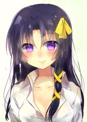 Rule 34 | 1girl, black hair, dress shirt, kakizato, kurugaya yuiko, little busters!, long hair, purple eyes, ribbon, shirt