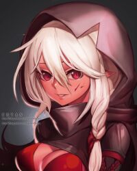 Rule 34 | 1girl, artist request, assassin, blood, blood on face, bodysuit, braid, breasts, cleavage, cloak, dungeon and fighter, hood, hooded cloak, leather, medium breasts, pointy ears, red eyes, shadow dancer (dungeon and fighter), shiny clothes, smile, thief (dungeon and fighter), twin braids, white hair