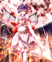 Rule 34 | 1girl, bat wings, blue hair, bow, dress, female focus, full moon, magic circle, moon, outdoors, polearm, red eyes, remilia scarlet, ribbon, sky, solo, spear, spear the gungnir, sugiyuu, torn clothes, touhou, weapon, wings